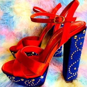 Shoe Republic LA! Purple velour and orange satin sz 7.5